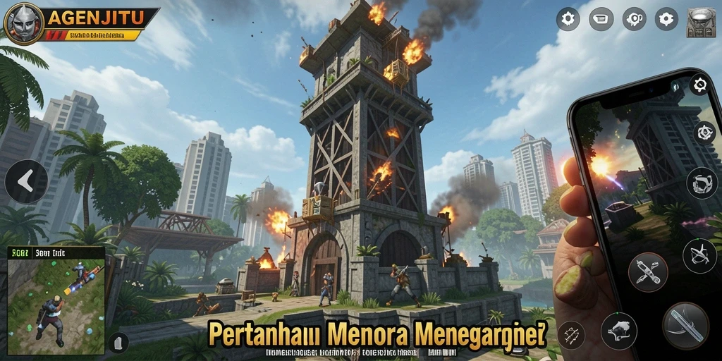 Gameplay menegangkan di AGENJITU dengan menara pertahanan yang strategis.