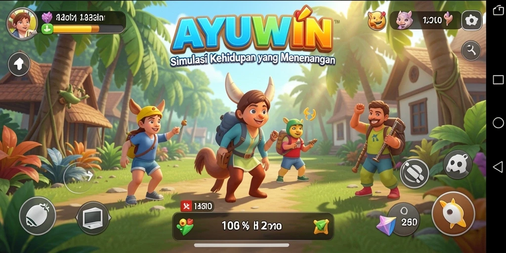 Screenshot utama AYUWIN menampilkan serunya gameplay simulasi kehidupan.