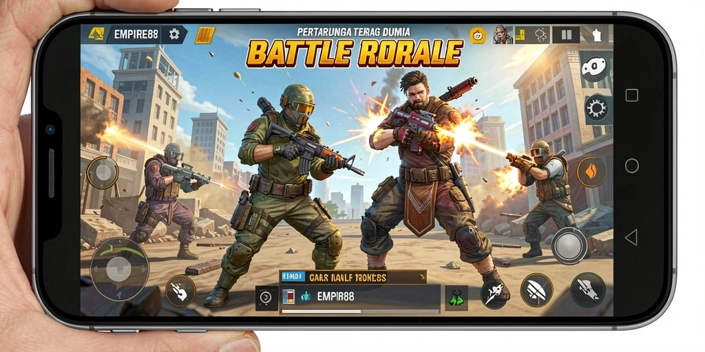 Tangkapan layar gameplay EMPIRE88 yang menampilkan pertempuran seru dalam mode Battle Royale.