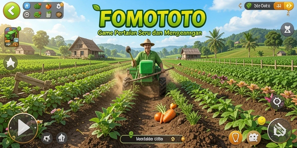 Screenshot FOMOTOTO menampilkan pemain sedang bertani dengan beragam tanaman.
