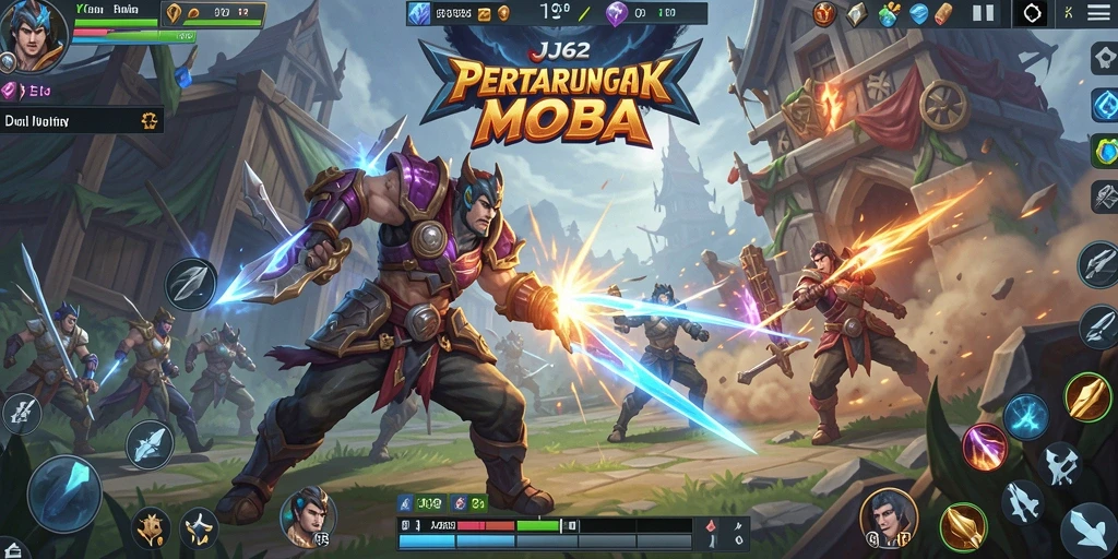 Gameplay seru dengan aksi MOBA di arena pertarungan.