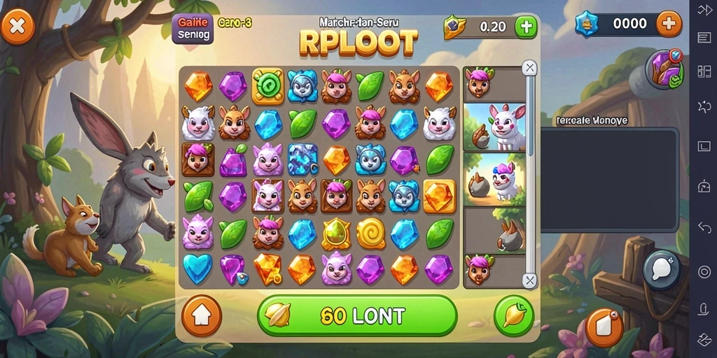 Screenshot RPLOOT menunjukkan gameplay Match-3 yang seru dan penuh warna.