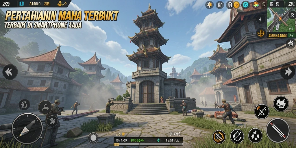 Screenshot gameplay ZK9 menampilkan menara yang teratur dan musuh yang mendekat.